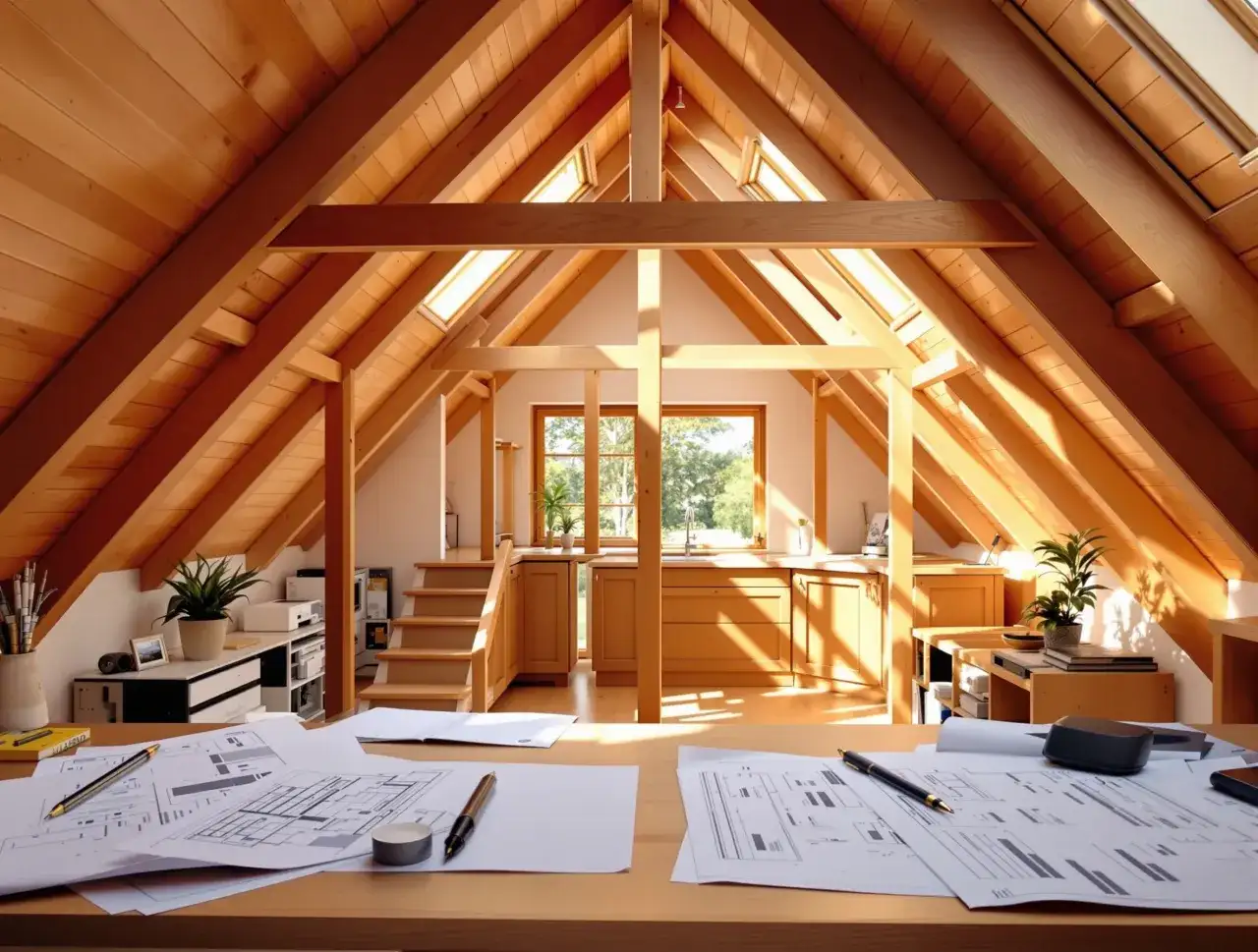 Na stole leżą plany architektoniczne. W tle widać kuchnię i schody prowadzące na poddasze użytkowe, które jest pełnoprawną kondygnacją.