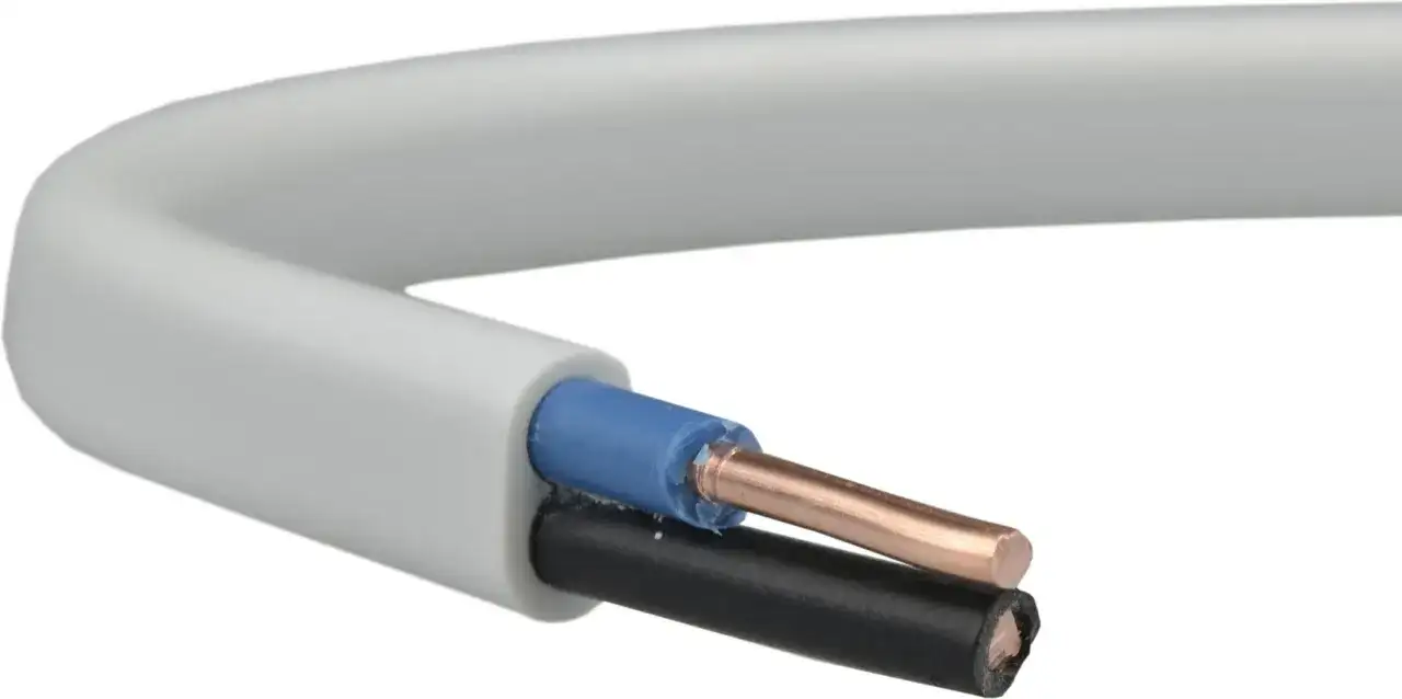 Przewód elektryczny z dwoma żyłami: czarną i niebieską, w szarej izolacji. Może to być przewód 300/500V lub 450/750V.