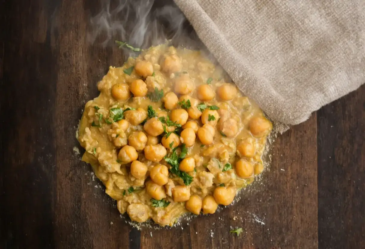 Gorąca potrawa z ciecierzycy z puszki, posypana natką. Czy ciecierzycę z puszki trzeba gotować? Ta wygląda na gotową do spożycia.