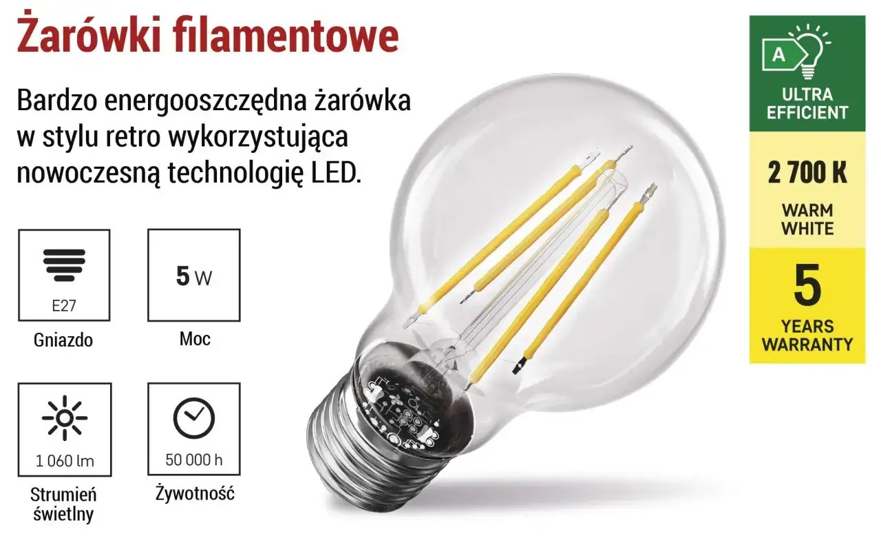 Energooszczędna żarówka filamentowa LED w stylu retro, model A60. Ma gwint E27, moc 5W, strumień świetlny 1060 lm i żywotność 50 000 h.