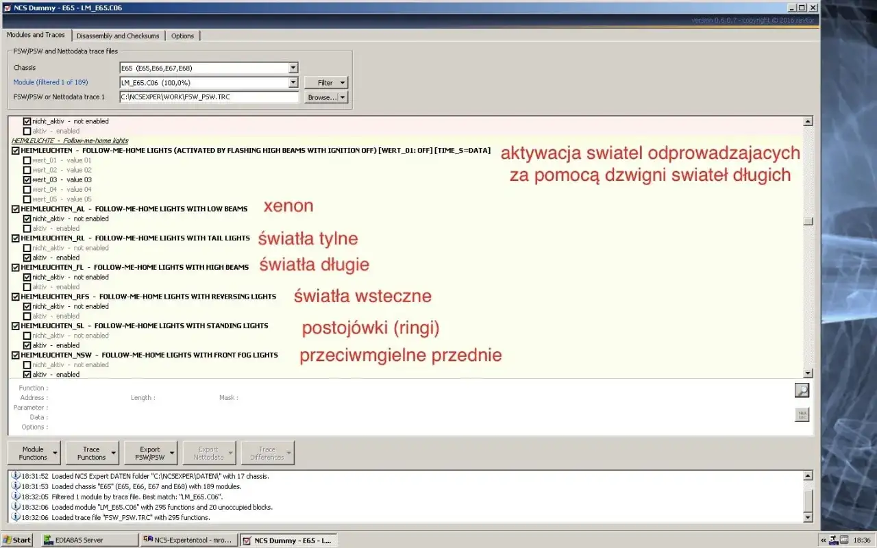 NCS Expert opis modułów: aktywacja świateł, xenon, światła tylne, długie, wsteczne, postojówki, przeciwmgielne przednie.