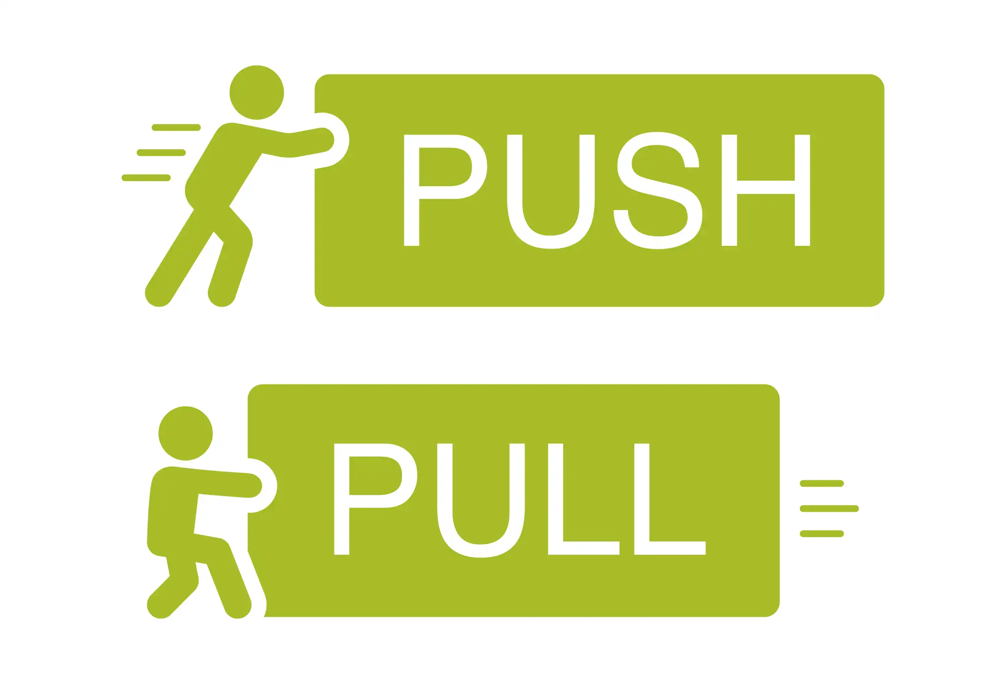 Dwie zielone tabliczki z napisami PUSH i PULL. Obok PUSH postać popycha, obok PULL ciągnie. Ilustracja strategii push i pull.