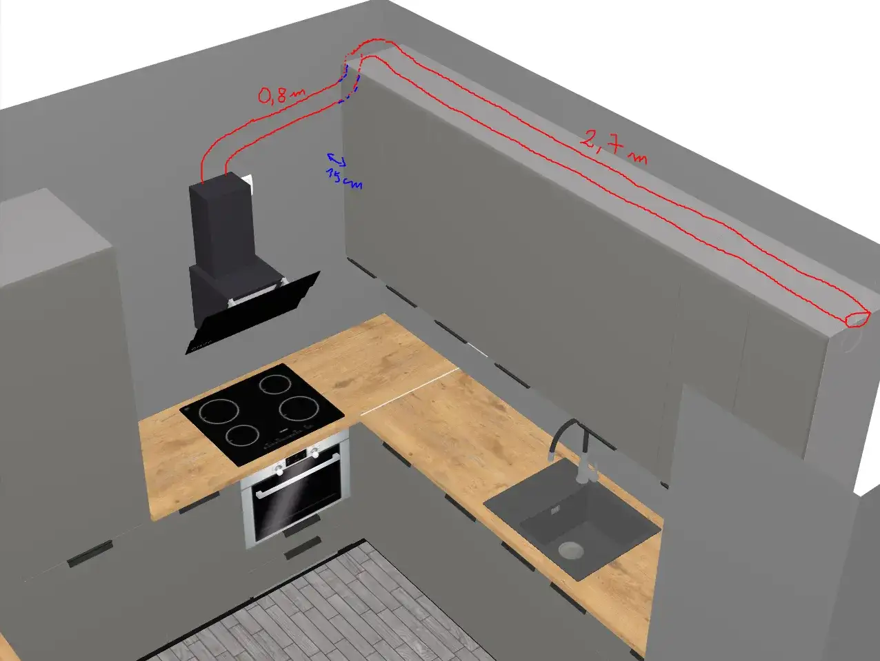 Schemat podłączenia okapu do wentylacji grawitacyjnej. Rura okapu biegnie 0,8 m do góry, a następnie 2,7 m wzdłuż szafek.