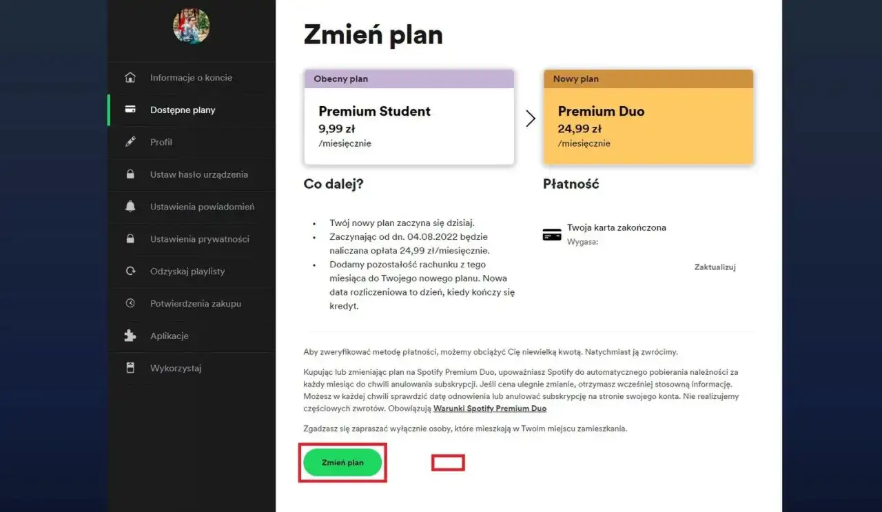 Ekran zmiany planu Spotify: obecny plan Premium Student, nowy plan Premium Duo.