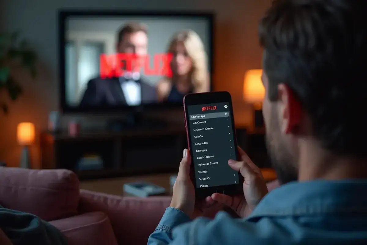 Osoba trzymająca smartfon z menu językowym Netflixa na ekranie, w tle telewizor z logo Netflix.