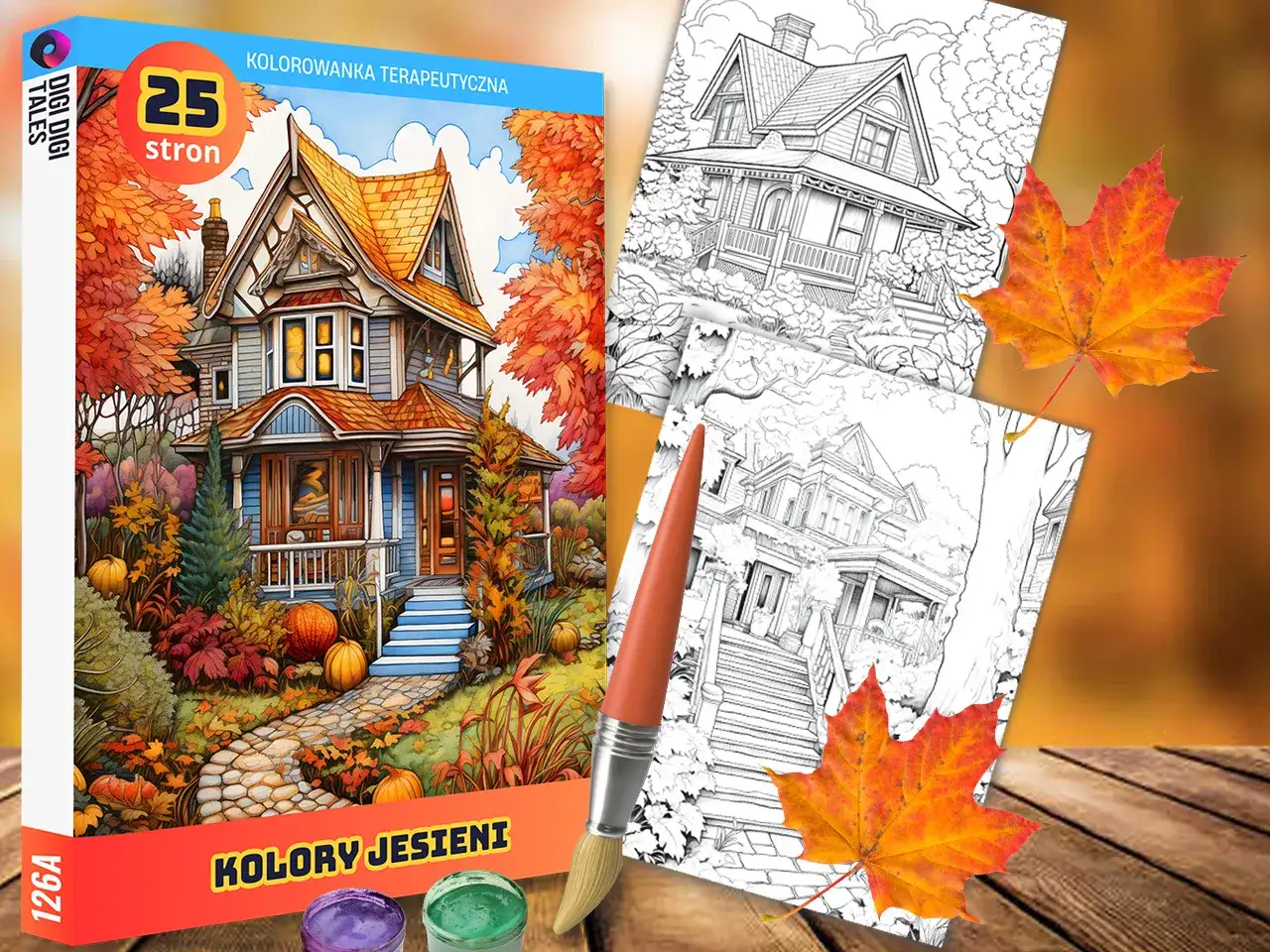 Kolorowanka "Kolory Jesieni" z domkiem i liśćmi klonu. Idealna nauka kolorów dla dzieci, rozwijająca kreatywność.