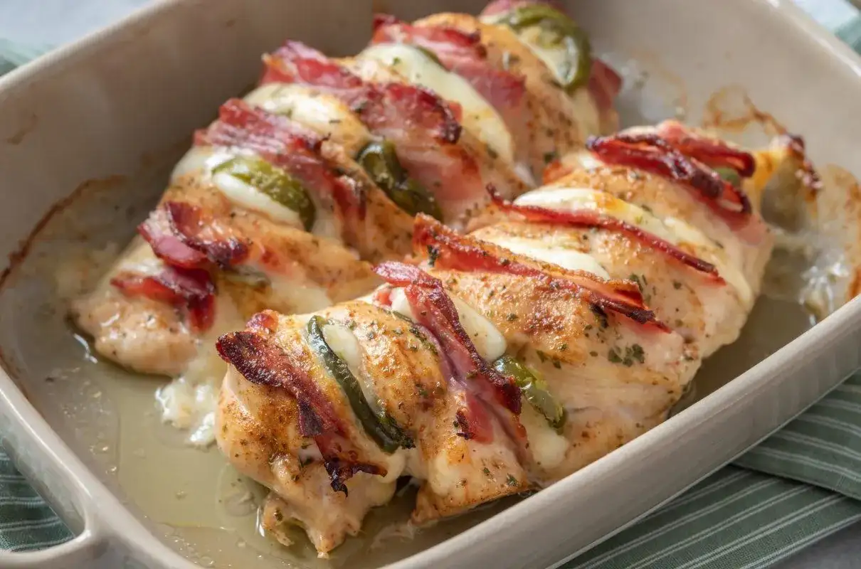 Przykładowe menu na uroczysty obiad: pieczone piersi kurczaka zawinięte w boczek z serem i papryczką jalapeño.