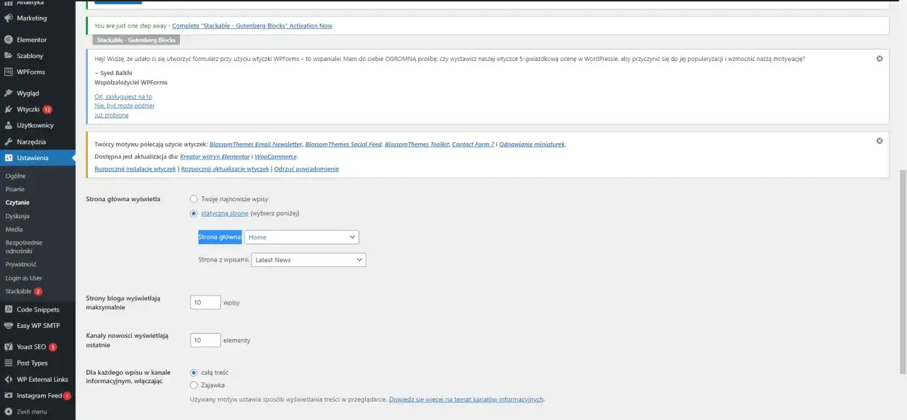 Ustawienia WordPress: jak ustawić stronę główną. Wybierz statyczną stronę "Home" jako stronę główną, a "Latest News" jako stronę wpisów.