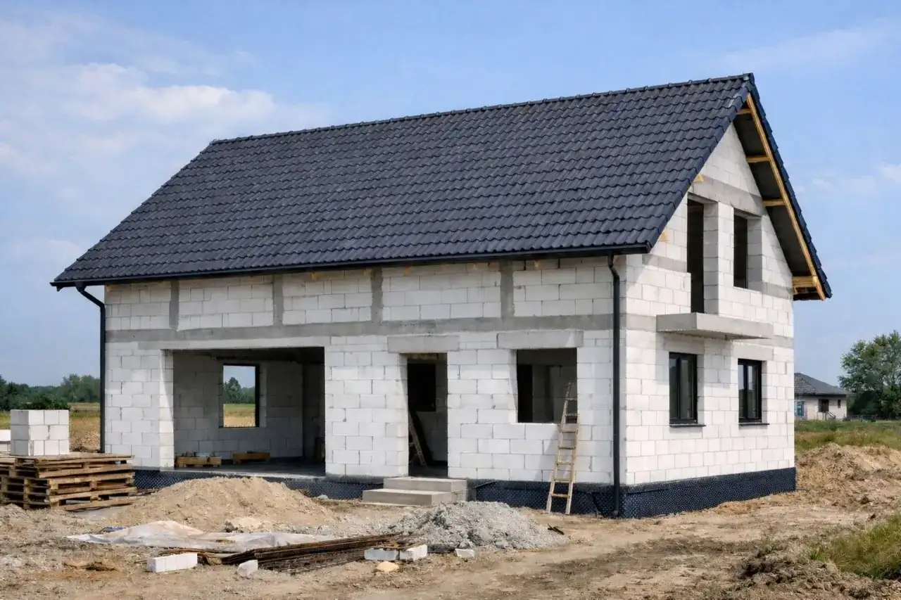 Dom w budowie z betonu komórkowego, najtańszy materiał na budowę domu. Dach pokryty ciemną dachówką, okna i drzwi jeszcze nie zamontowane.