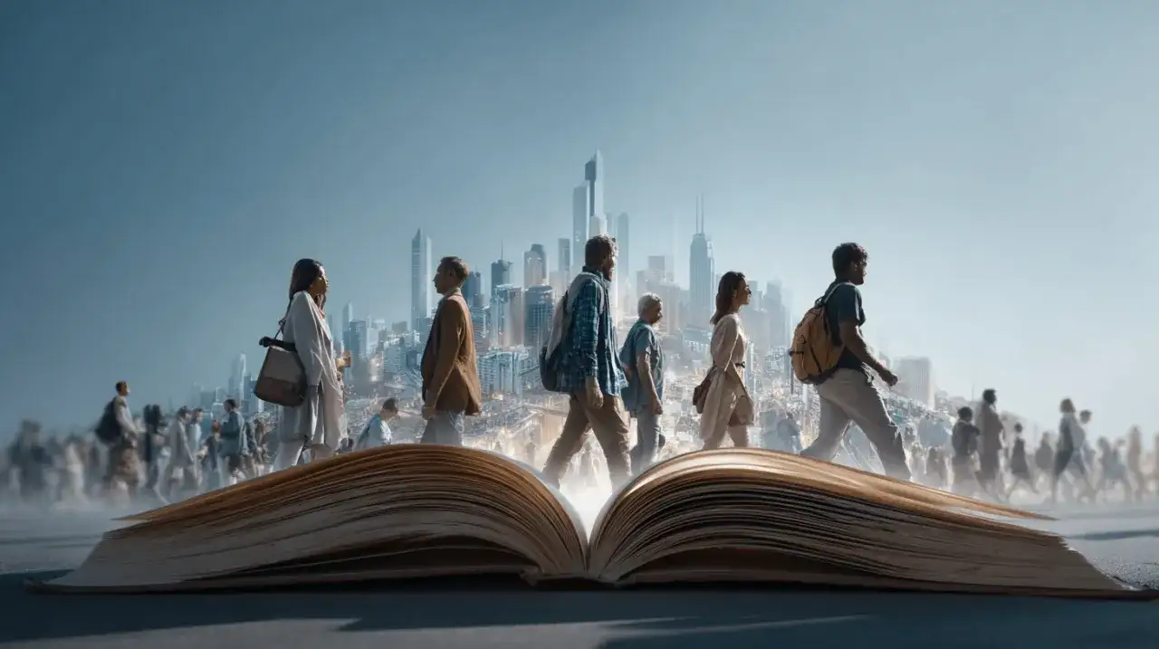 Ludzie idący przez miasto, jakby wyłaniający się z otwartej księgi. Ile tomów powinna mieć idealna saga literacka? Dylemat trylogii.