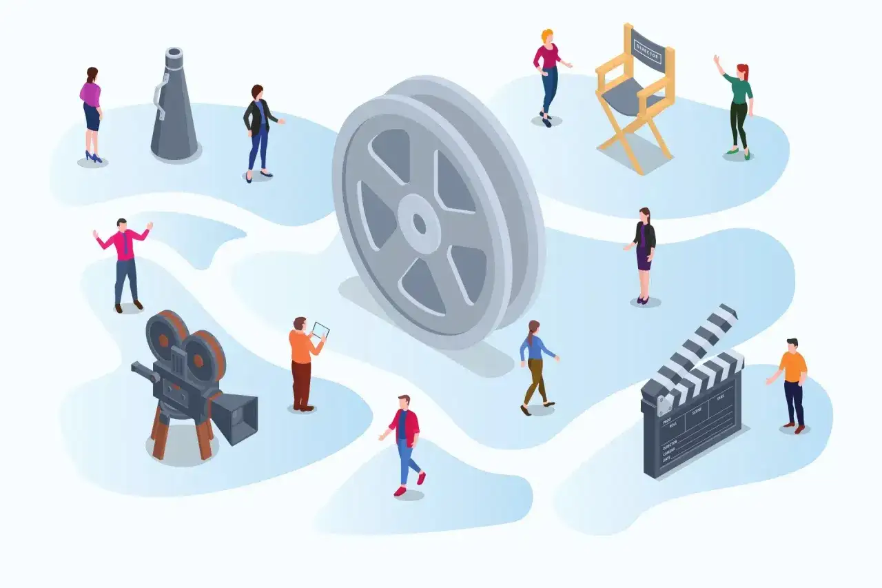 Ilustracja z ludźmi i rekwizytami filmowymi: klaps, kamera, rolka filmu, krzesło reżysera.