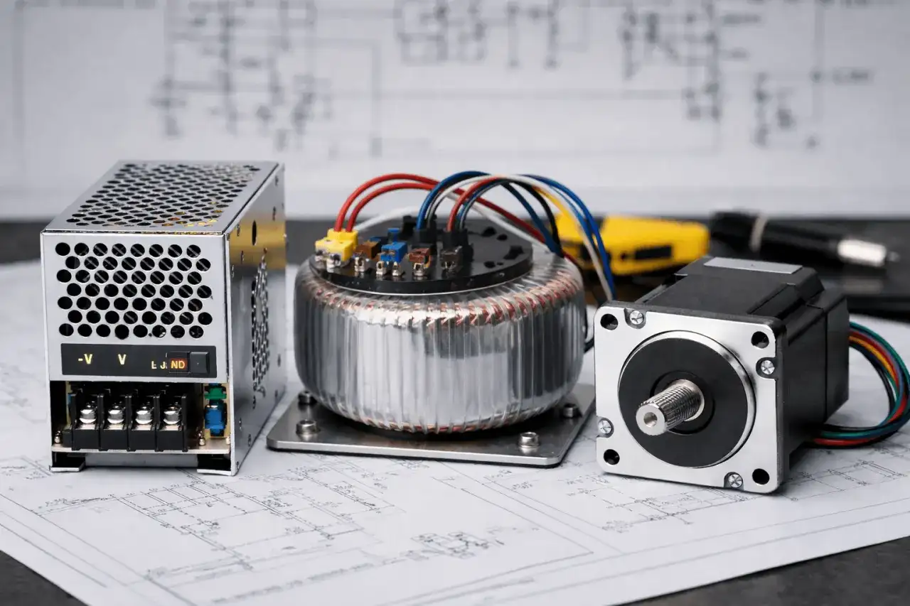 Elementy do budowy prądnicy: zasilacz, transformator toroidalny i silnik krokowy na tle schematu elektrycznego.