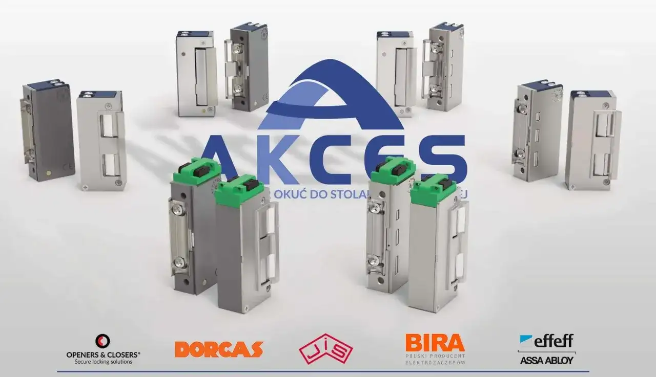 Różne modele elektrozaczepów: rewersyjny i awersyjny, z zielonymi elementami.