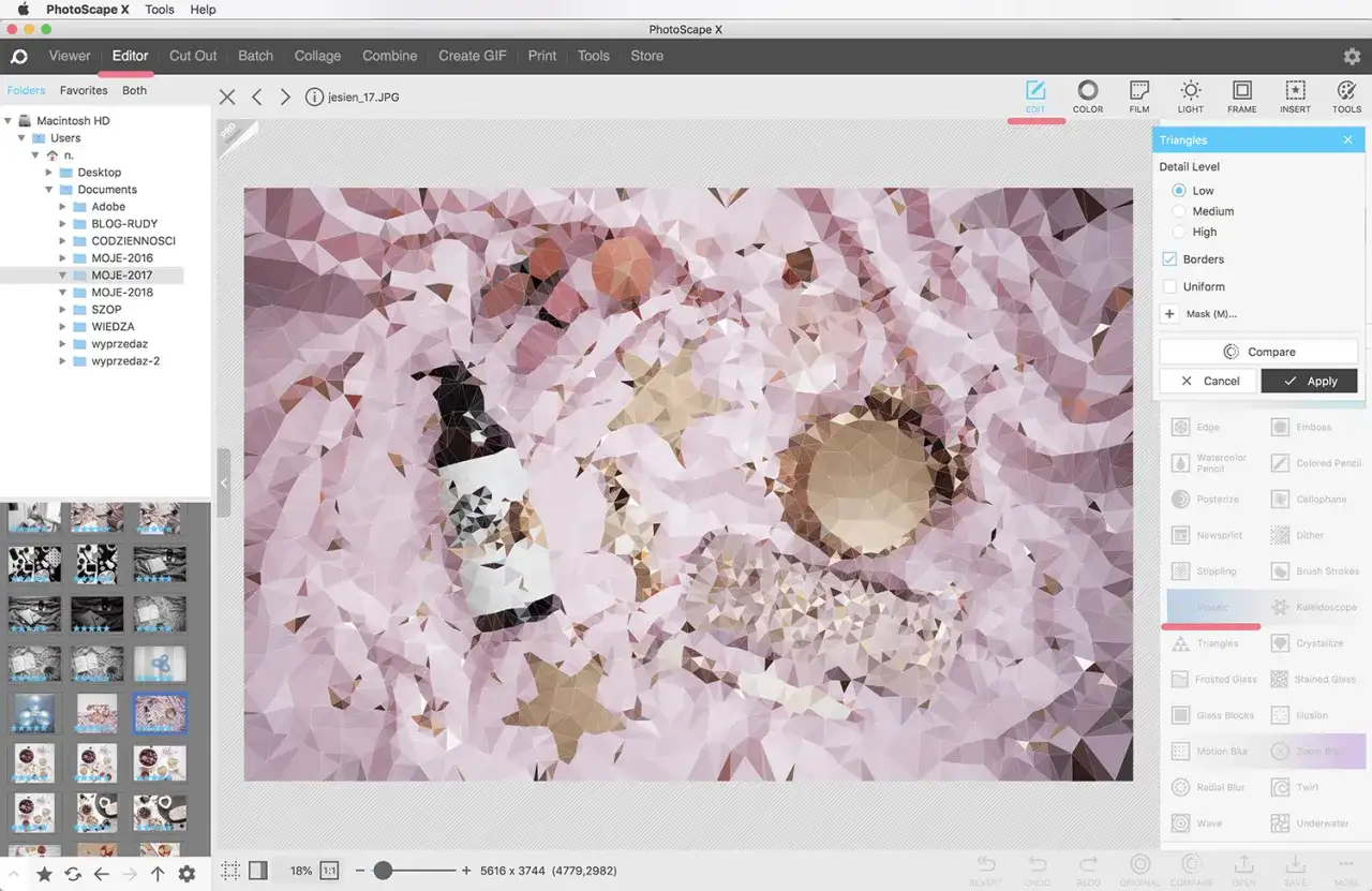 Efekt mozaiki na zdjęciu z buteleczką i gwiazdkami. Program PhotoScape X pozwala na tworzenie takich artystycznych przekształceń.