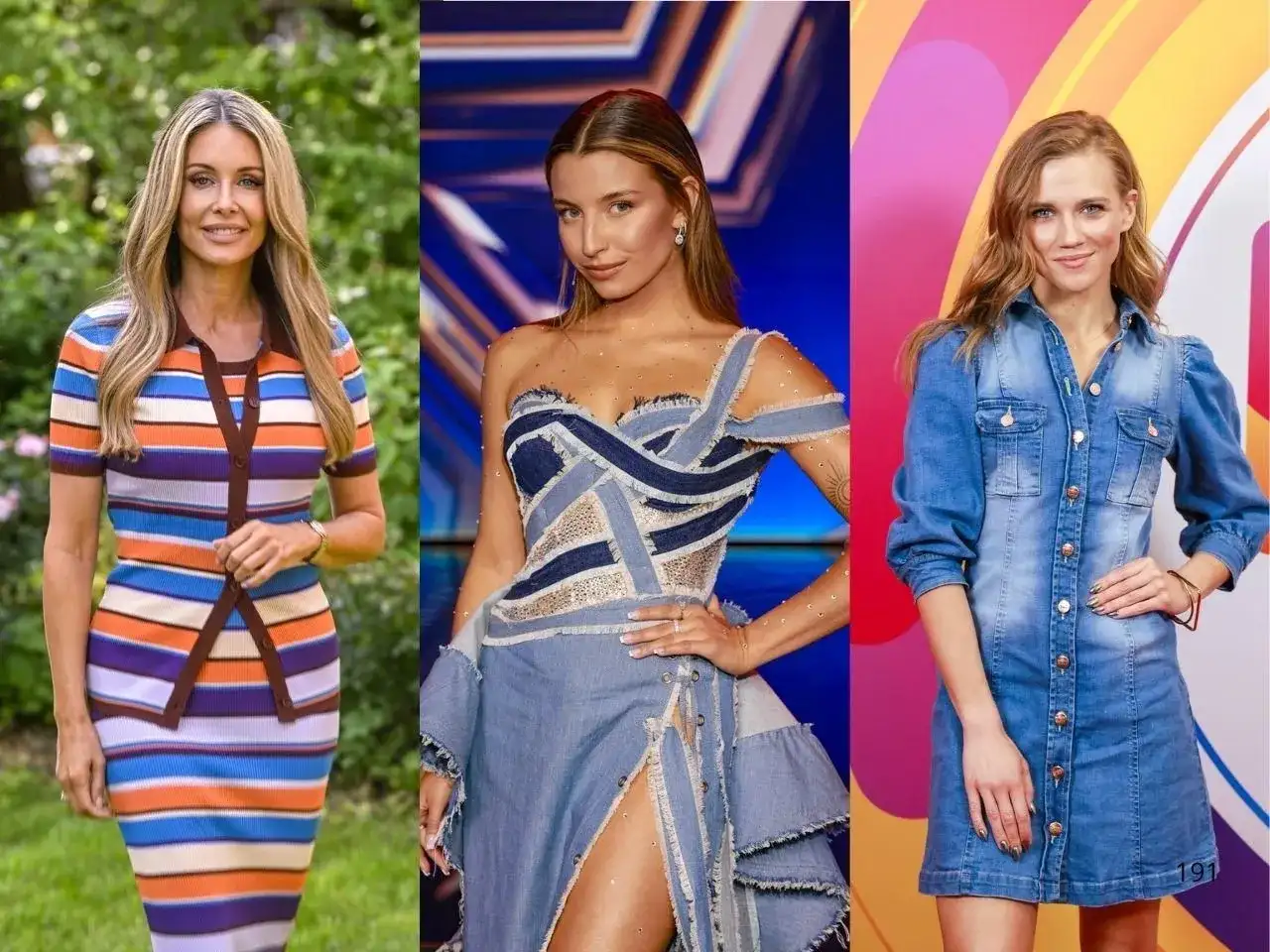Trzy polskie aktorki w stylizacjach: w pasiastej sukience, sukni z denimu i jeansowej sukience.