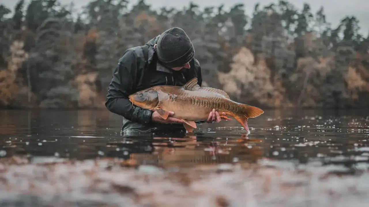 Wędkarz trzyma w wodzie dużego karpia.