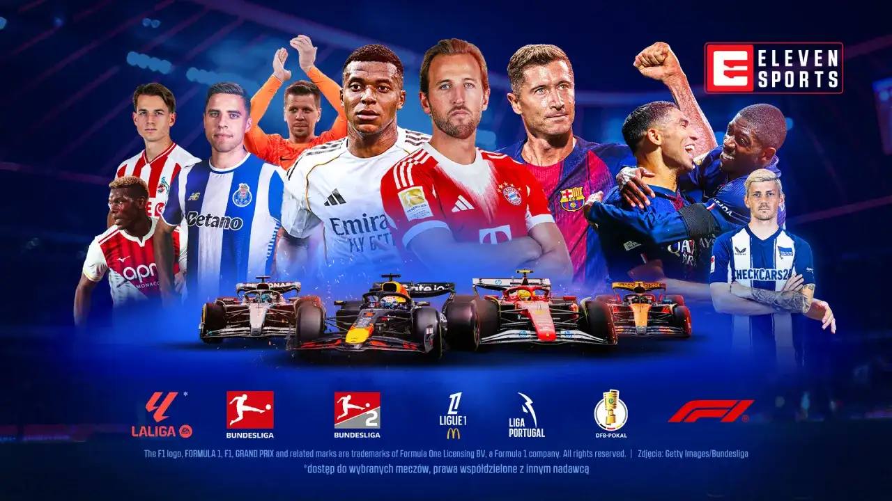 Piłkarze w strojach klubowych i bolidy Formuły 1 na tle logo Eleven Sports.
