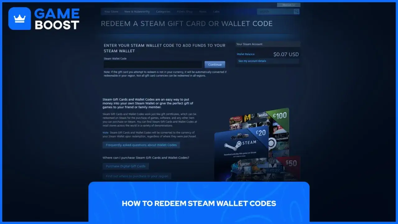 Miejsce, gdzie wpisać kod Steam, aby zasilić portfel. Widoczny jest formularz do wprowadzania kodu i przycisk "Continue".