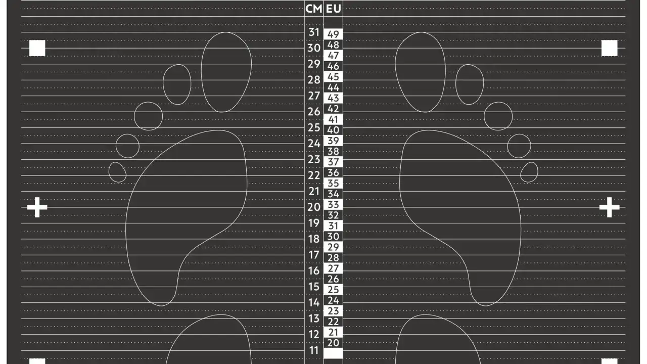 Tabela rozmiarów butów z zaznaczonymi śladami stóp i podziałką w cm i EU.