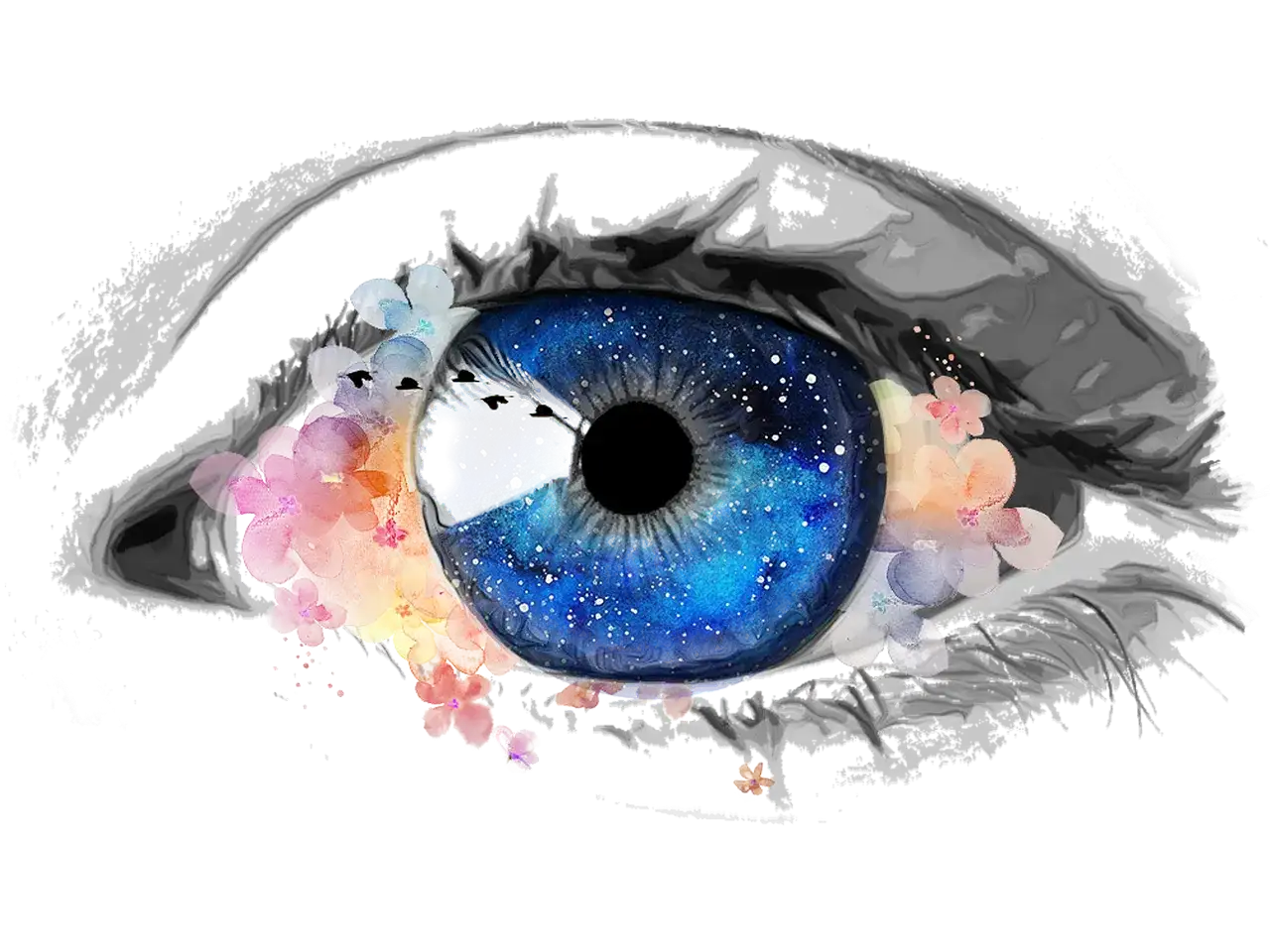 Oko z błękitną tęczówką przypominającą kosmos, otoczone akwarelowymi kwiatami i szkicowymi rzęsami.