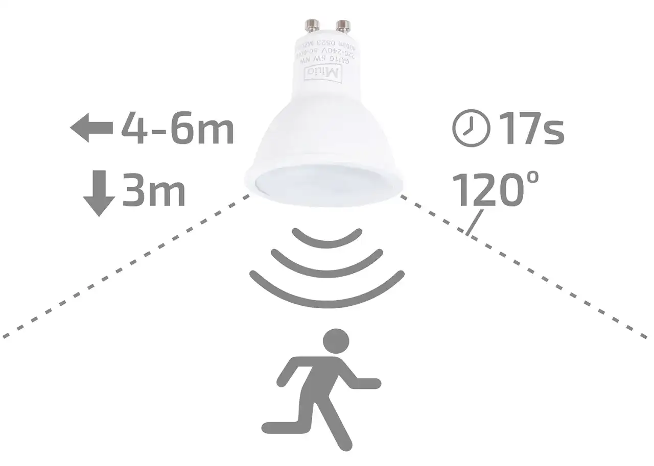 Żarówka z czujnikiem ruchu wykrywa ruch w zasięgu 4-6m i wysokości 3m, działa przez 17s w kącie 120°.