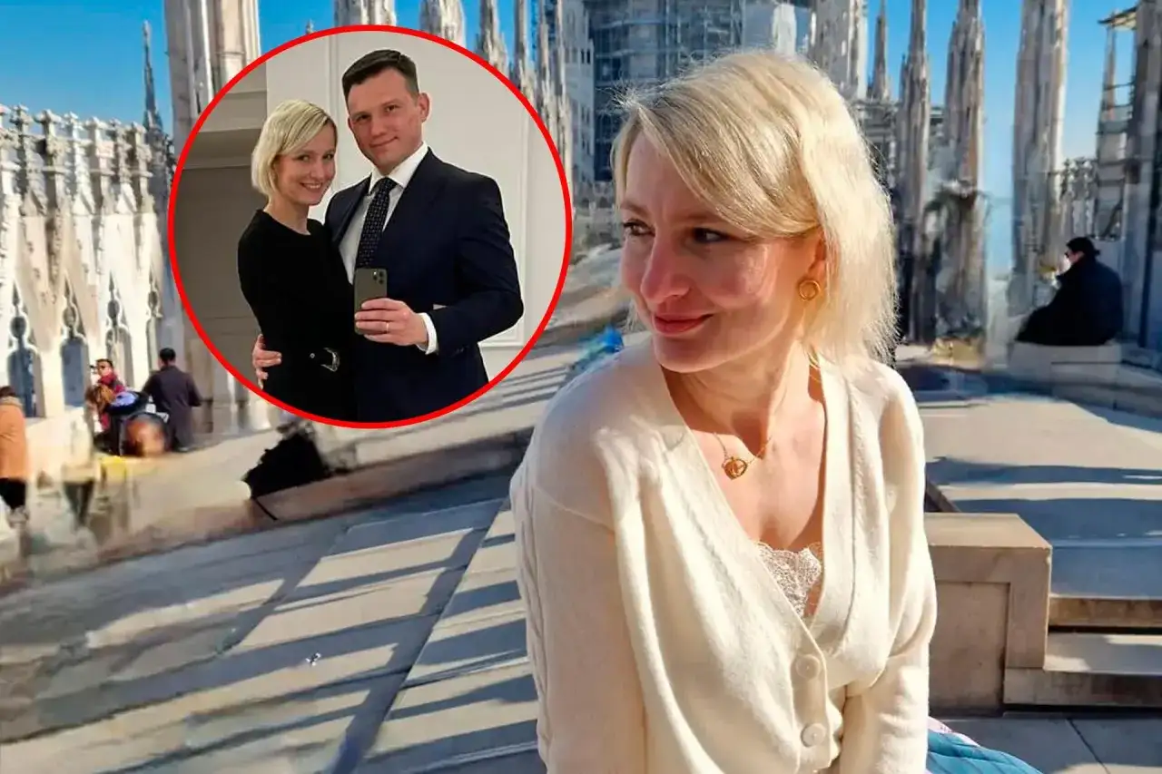 Kobieta z blond włosami na tle katedry. W okręgu para, która może być rodzicami. Nie wiadomo, ile dzieci ma Mentzen.