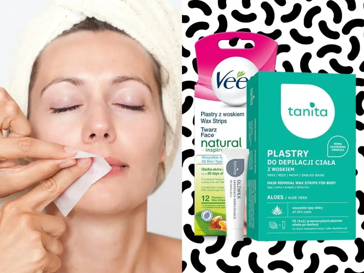 Kobieta depiluje twarz plastrami z woskiem. Obok opakowania plastrów do depilacji ciała i twarzy. Jaki wosk do depilacji twarzy wybrać?