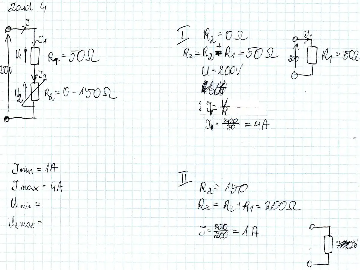 Obwód z rezystorami R1=50Ω i R2=0-150Ω. Obliczenia prądu i napięcia, wzór na spadek napięcia.