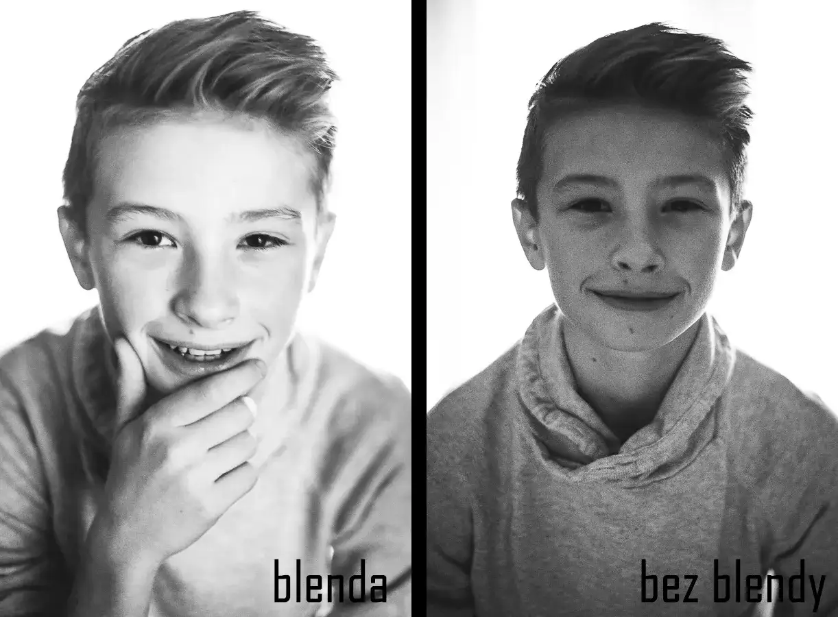 Dwa portrety chłopca. Lewy z dłonią na brodzie, podpis "blenda". Prawy bez dłoni, podpis "bez blendy". Podstawy fotografii.