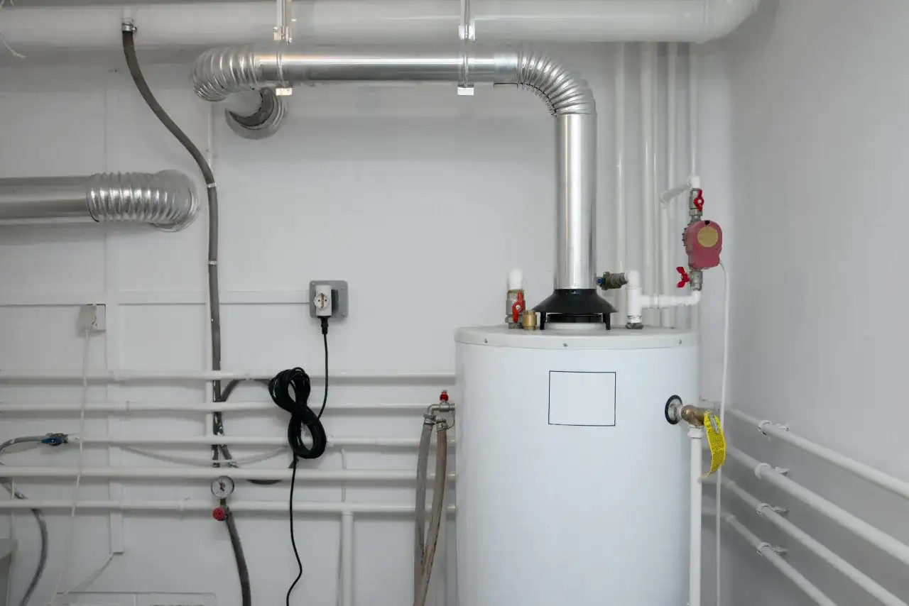 Biały bojler CO z metalowymi rurami i instalacją hydrauliczną na białej ścianie.