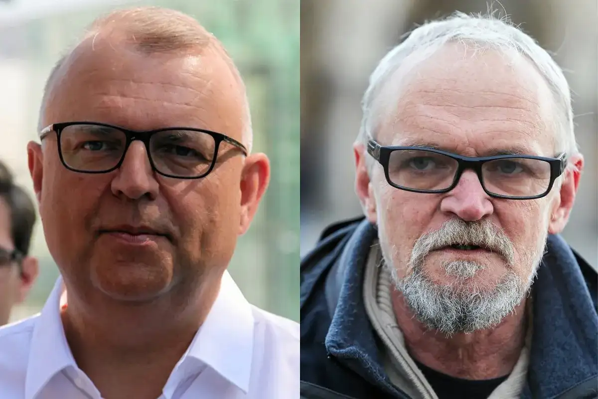 Dwa portrety: po lewej mężczyzna w białej koszuli i okularach, po prawej starszy mężczyzna z siwą brodą i wąsami, w okularach. Tak wygląda Paweł Kazimierski.