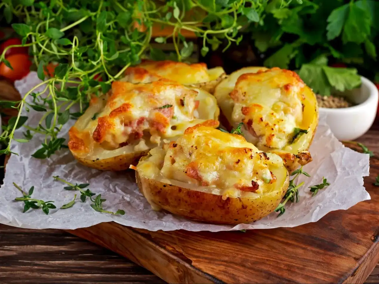 Zapiekane ziemniaki z serem i boczkiem, podane z ziołami. Czy pieczone ziemniaki są lekkostrawne? Tak, jeśli są dobrze przygotowane.
