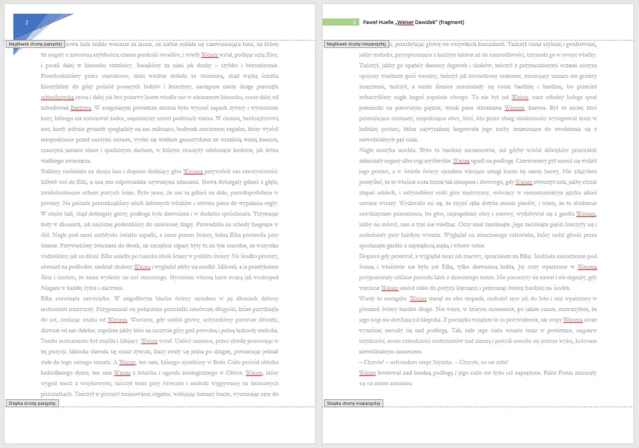 Jak usunąć stopkę i nagłówek w Wordzie? Tekst z nagłówkiem "Nagłówek strony parzystej" i "Nagłówek strony nieparzystej" oraz stopką "Stopka strony parzystej" i "Stopka strony nieparzystej".