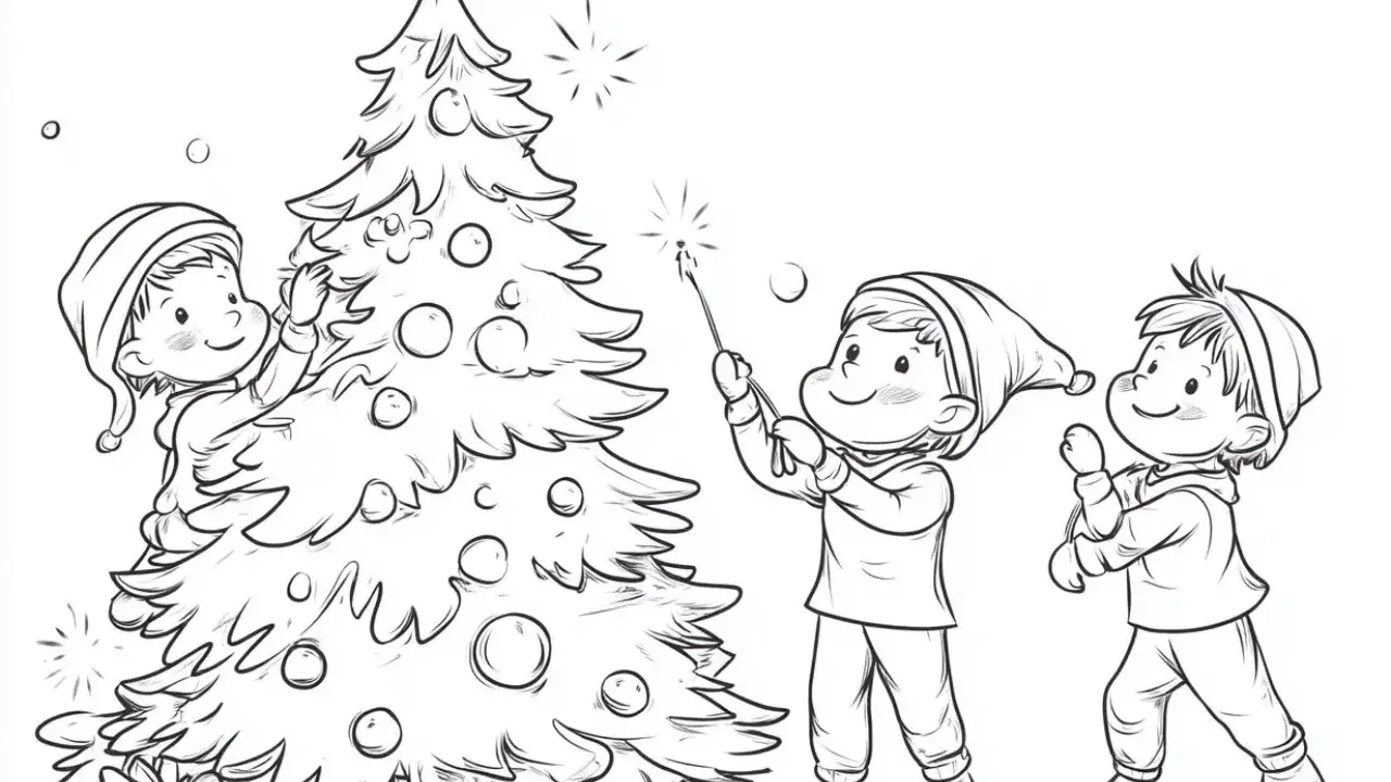 Drei Kinder schmücken einen Weihnachtsbaum mit Kugeln und Wunderkerzen.