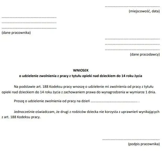 Wniosek o urlop na dziecko - 2 dni opieki nad dzieckiem oświadczenie, wniosek o urlop opiekuńczy
