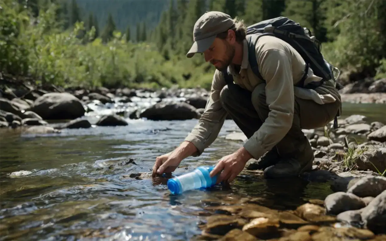 Mężczyzna z plecakiem pochyla się nad strumieniem, by za pomocą składanej butelki przeprowadzić oczyszczanie wody.