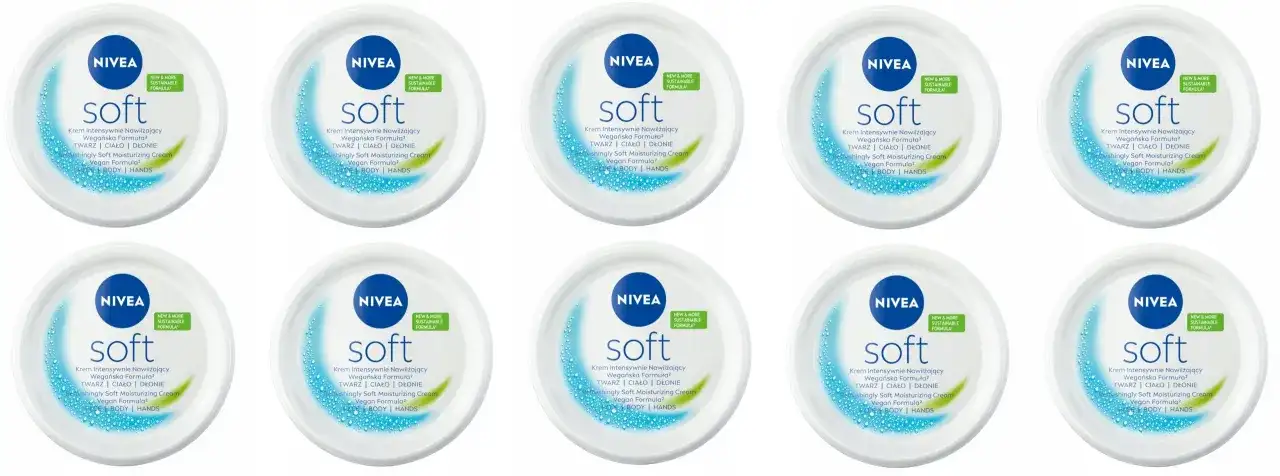 Dziesięć słoiczków kremu Nivea Soft. Zastanawiasz się, ile kosztuje krem Nivea? Ten nawilżający krem do twarzy, ciała i dłoni ma wegańską formułę.