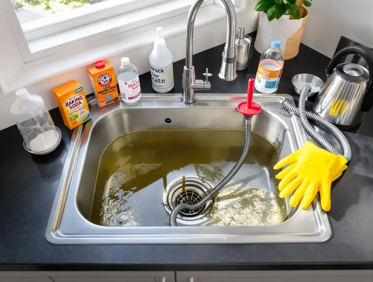 Zatkany zlew z wodą, obok soda oczyszczona, ocet i żółte rękawice.