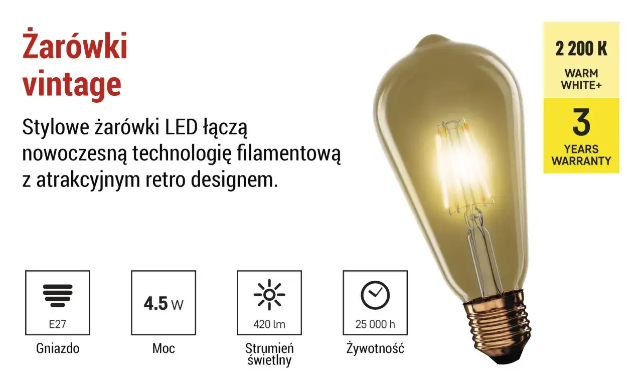 Stylowa żarówka vintage z technologią filamentową. Dowiedz się, filament co to – to nowoczesne rozwiązanie w retro stylu. 4.5W, 420 lm, 25 000 h.