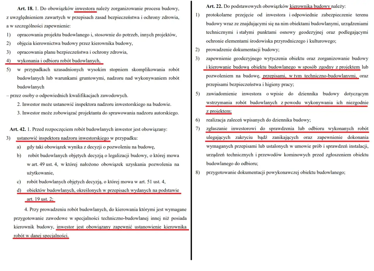 Fragment tekstu prawnego dotyczący obowiązków inwestora i kierownika budowy.