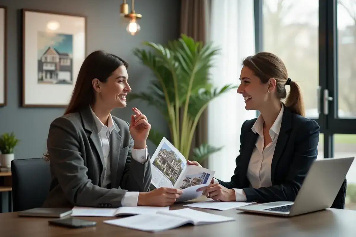 Dwie kobiety omawiają ofertę nieruchomości, ucząc się, jak zostać agentem nieruchomości.