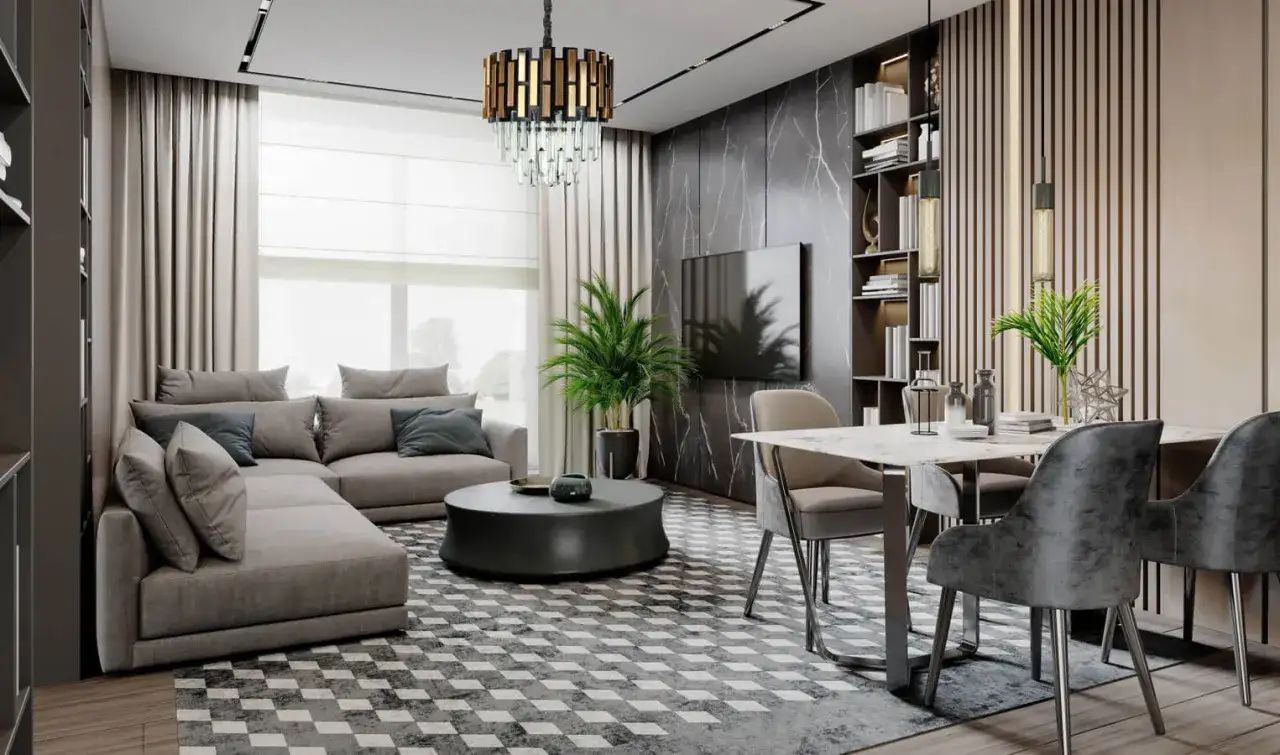 Nowoczesny salon z szarą sofą, stolikiem kawowym, jadalnią i regałem.