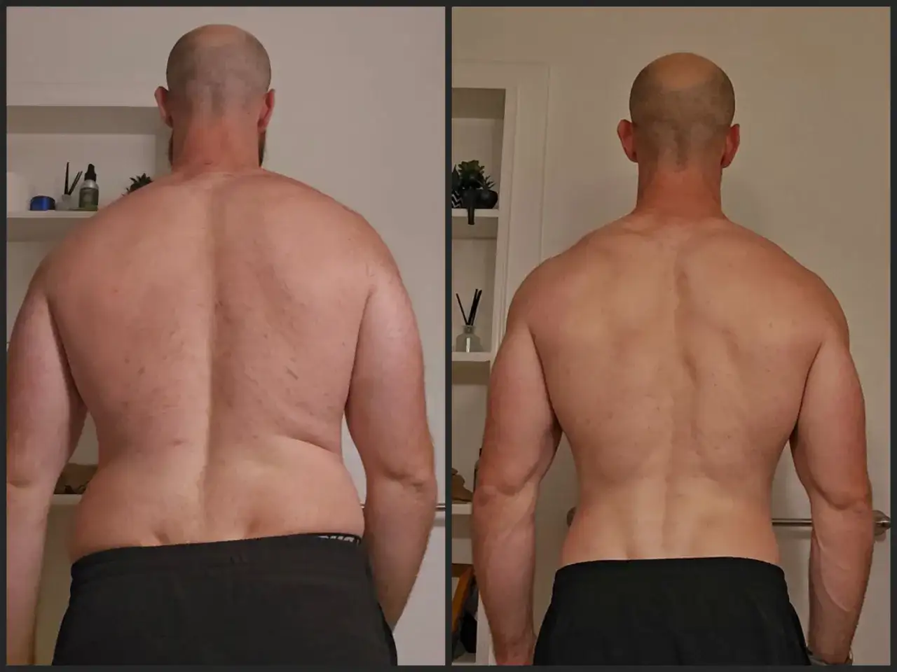 Dwa zdjęcia mężczyzny z różnym stopniem umięśnienia pleców.