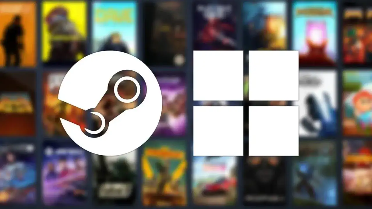 Logo Steam i cztery puste kwadraty na tle okładek gier.