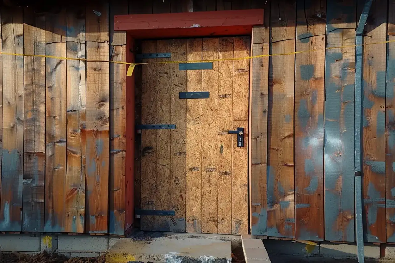 Drzwi na budowę z płyty OSB, zawieszone na solidnych zawiasach. Jak zrobić takie drzwi? Proste, funkcjonalne rozwiązanie.