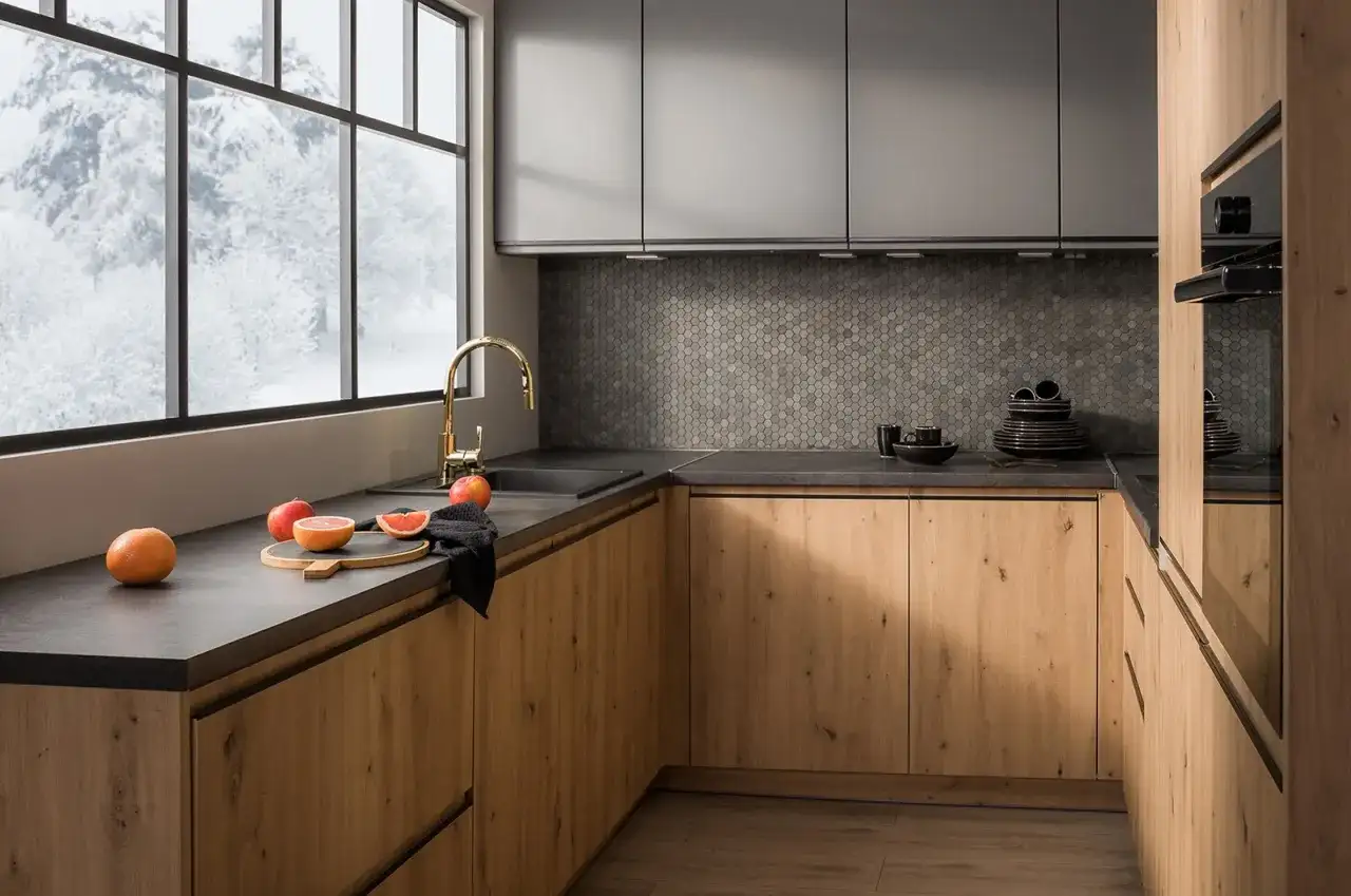 Nowoczesna kuchnia z drewnianymi frontami, kamiennym blatem i mozaikową ścianą nad blatem.