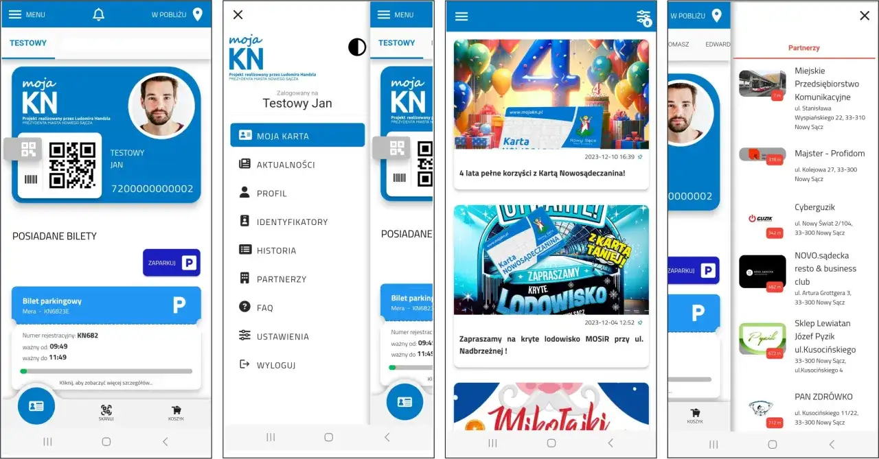 Aplikacja mobilna dla pasażerów autobusów MPK Nowy Sącz. Widok karty miejskiej, biletu parkingowego i partnerów.