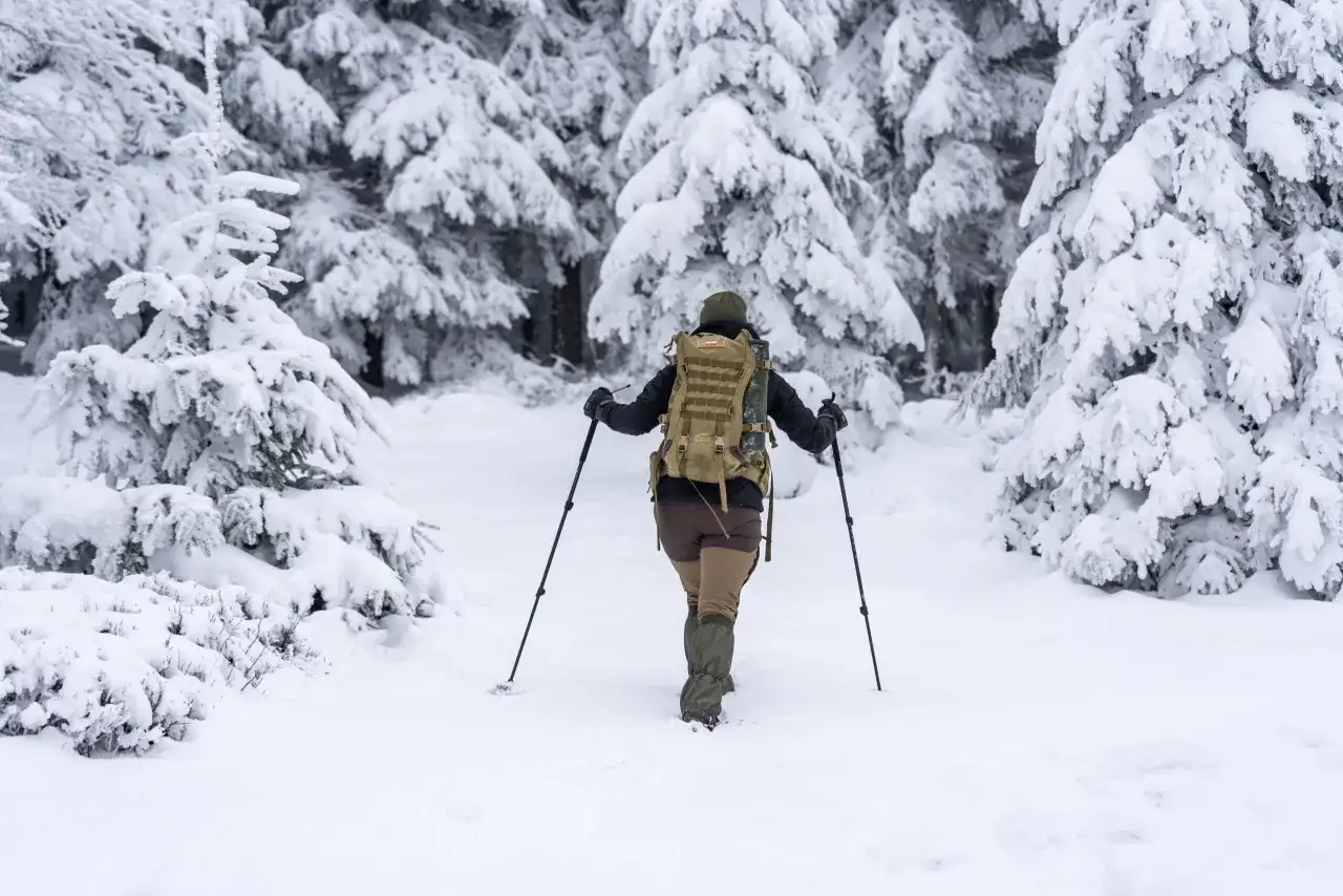 Osoba z plecakiem i kijkami przemierza zaśnieżony las. Zima, śnieg i ostrożność to podstawa, by uniknąć zagrożeń, takich jak lawinowe.