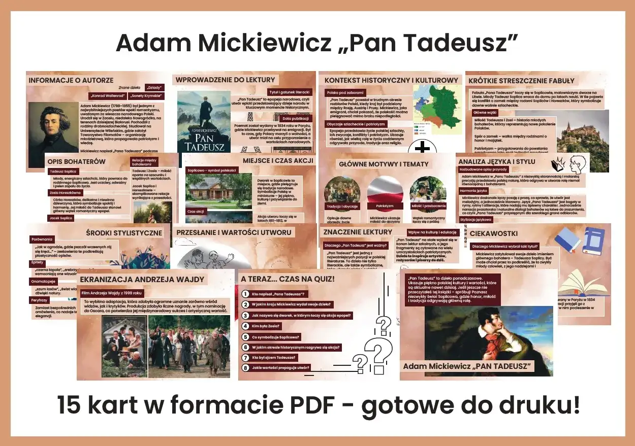 Podsumowanie recenzji książki "Pan Tadeusz" Adama Mickiewicza: informacje o autorze, streszczenie, motywy, język i ciekawostki.