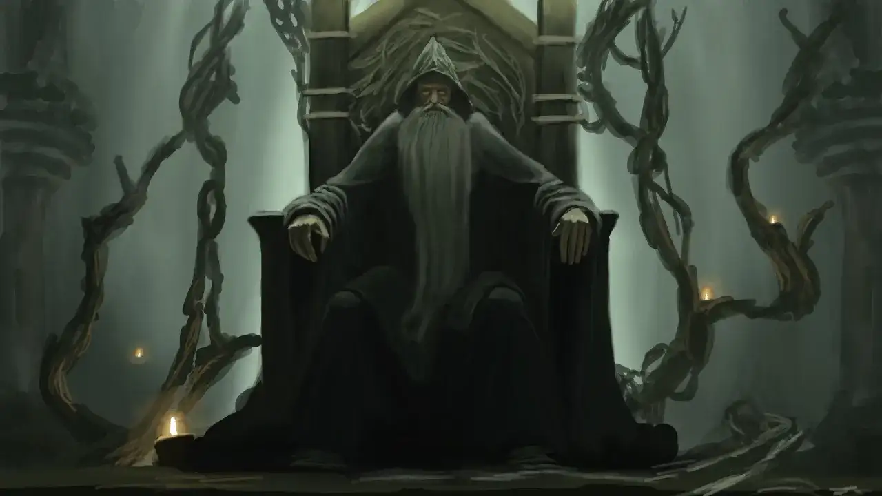 Stary czarodziej z długą brodą siedzi na tronie, otoczony przez pnącza i świece. Inspiracja dla Wizards of the Coast MTG.